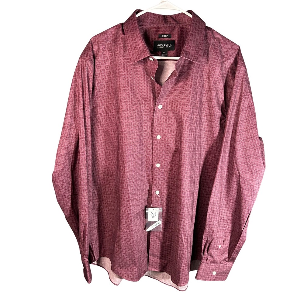Awearness‎ Kenneth Cole Mens XL Slim Fit Non-Iron Dress Shirt Burgundy Geometric